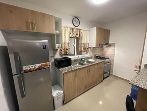 Fridge, microwave, oven, stovetop