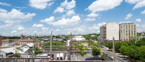 A cityscape with a prominent building in the background, a wooden fence in the foreground, and a clear blue sky.