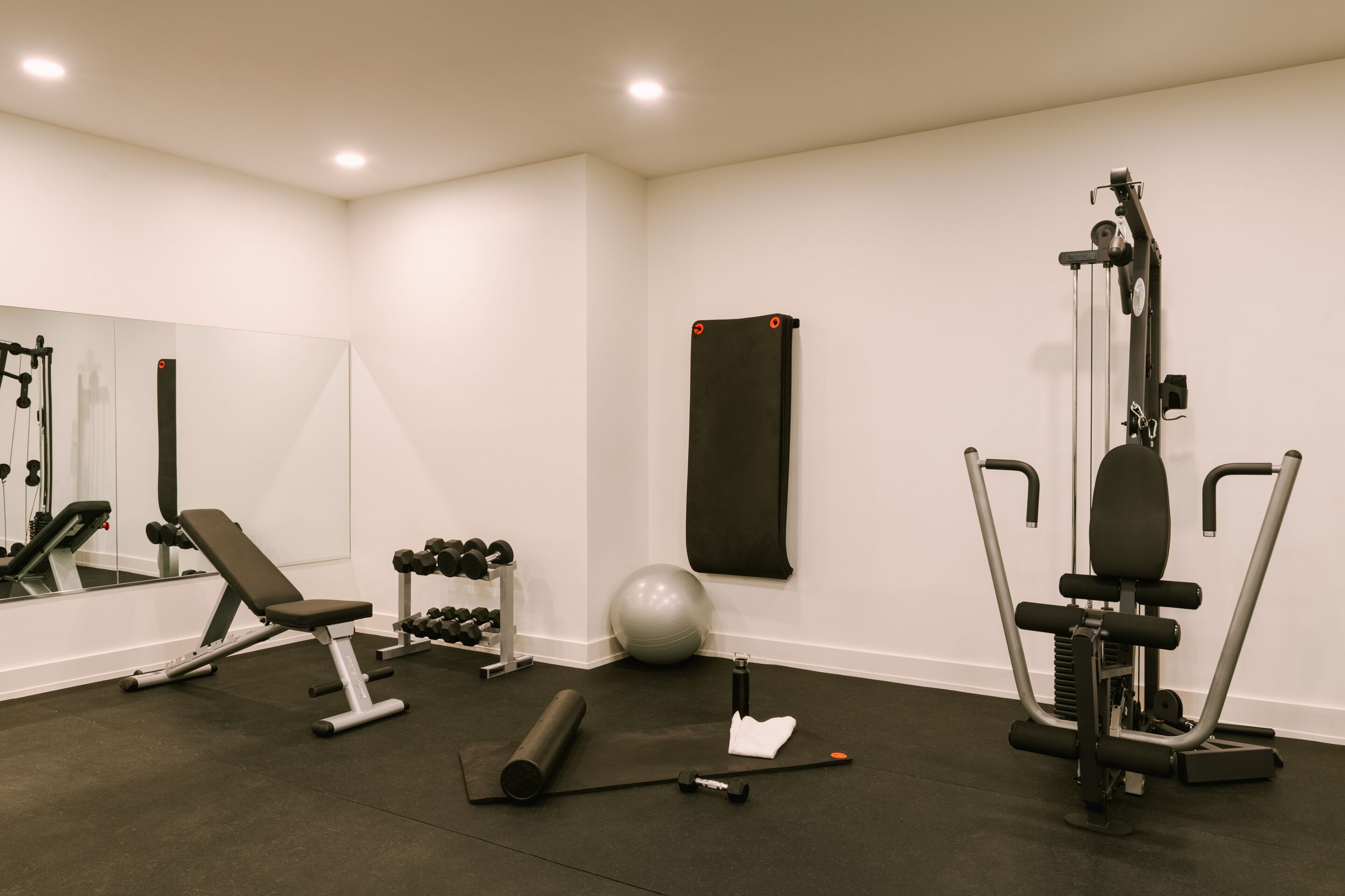 A gym with exercise equipment, a mirror, a wall-mounted exercise ball, and a dumbbell rack.