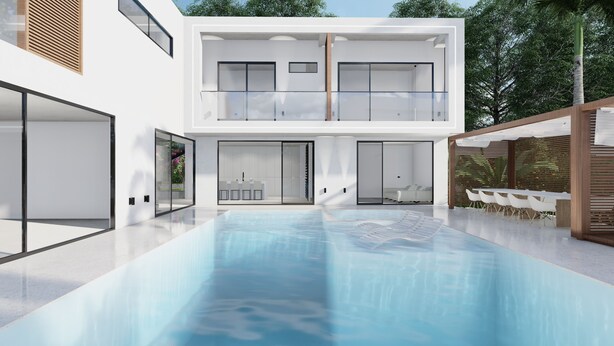 Ein modernes, zweistöckiges Haus mit Swimmingpool, großen Glasfenstern und einer Terrassenanlage.
