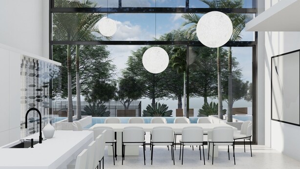 A modern, minimalist conference room with a large window offering a view of palm trees and a clear sky. - AMA VILLAS - Luxury Collection -  **BRAND NEW ****35% DISCOUNT AVAILABLE (Rose Hall)