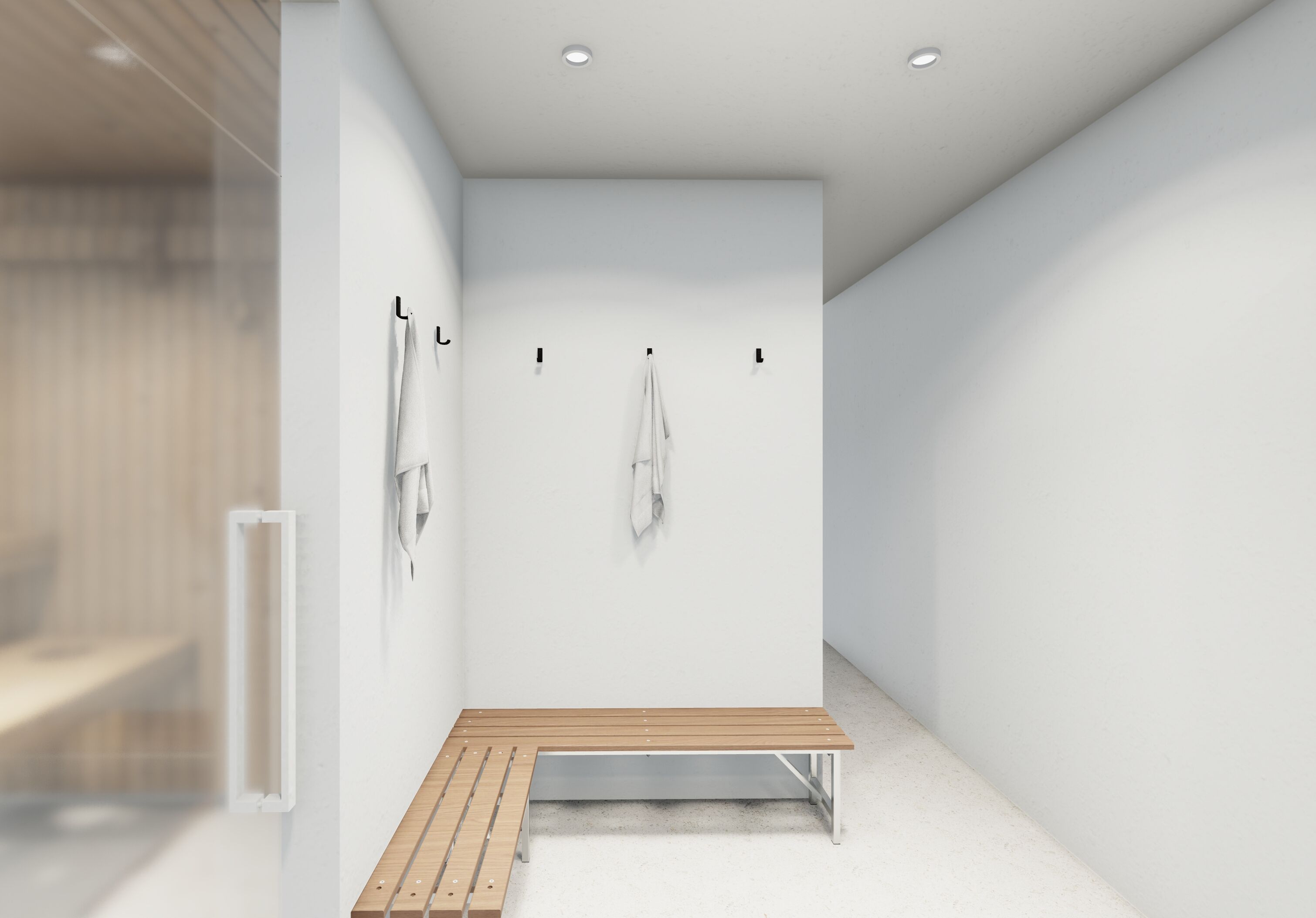 Un bagno dallo stile minimalista, con una panca in legno, ganci per asciugamani e cabina doccia in vetro.