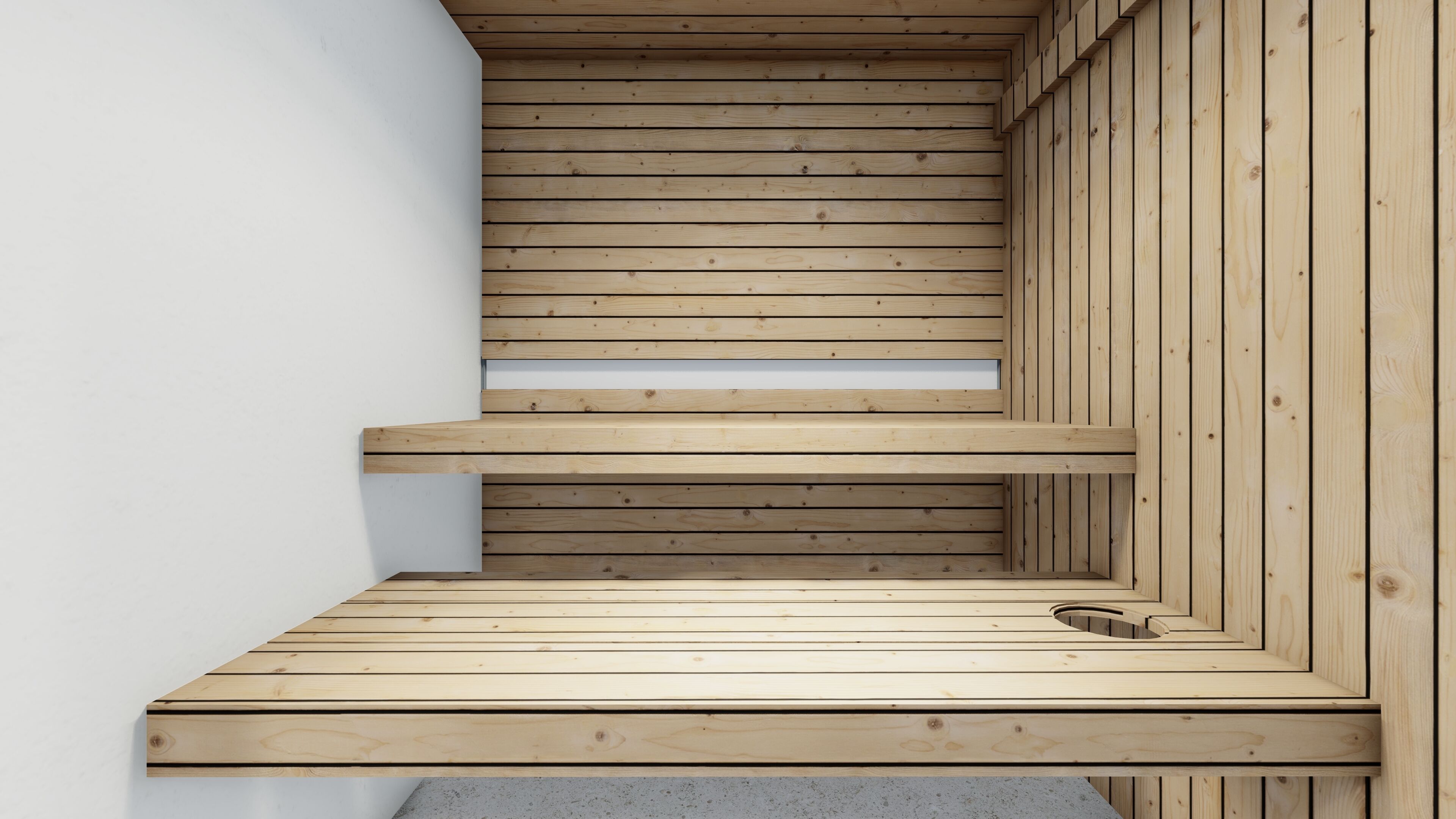 A multi-level wooden structure with a staircase leading to a lower platform.
