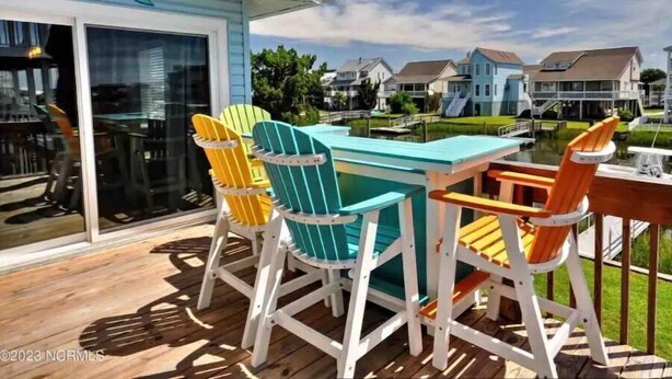 A deck with colorful Adirondack chairs and a table, overlooking a residential area with houses and a body of water.
