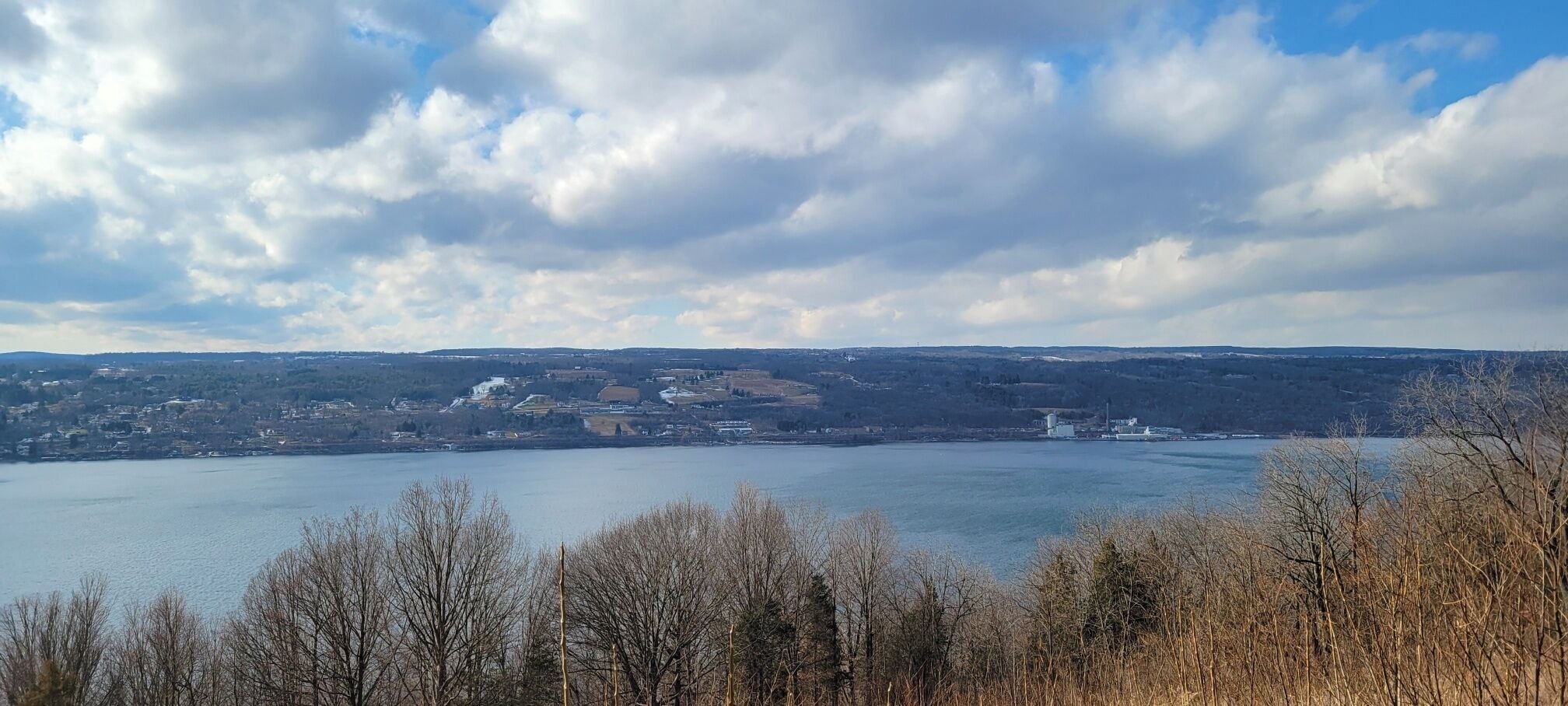A panoramic view of a lake with a town in the distance, surrounded by trees.