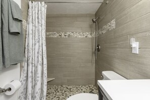 Shower, hair dryer, towels, soap
