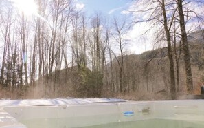 A hot tub surrounded by trees and a snowy landscape.