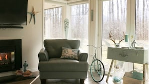 A living room with a fireplace, a comfortable armchair, a bicycle, and a view of the outdoors.