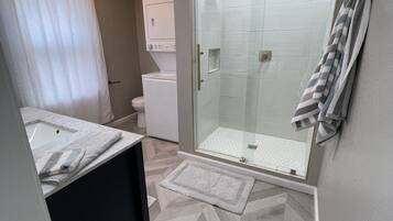 Shower, towels, soap, shampoo