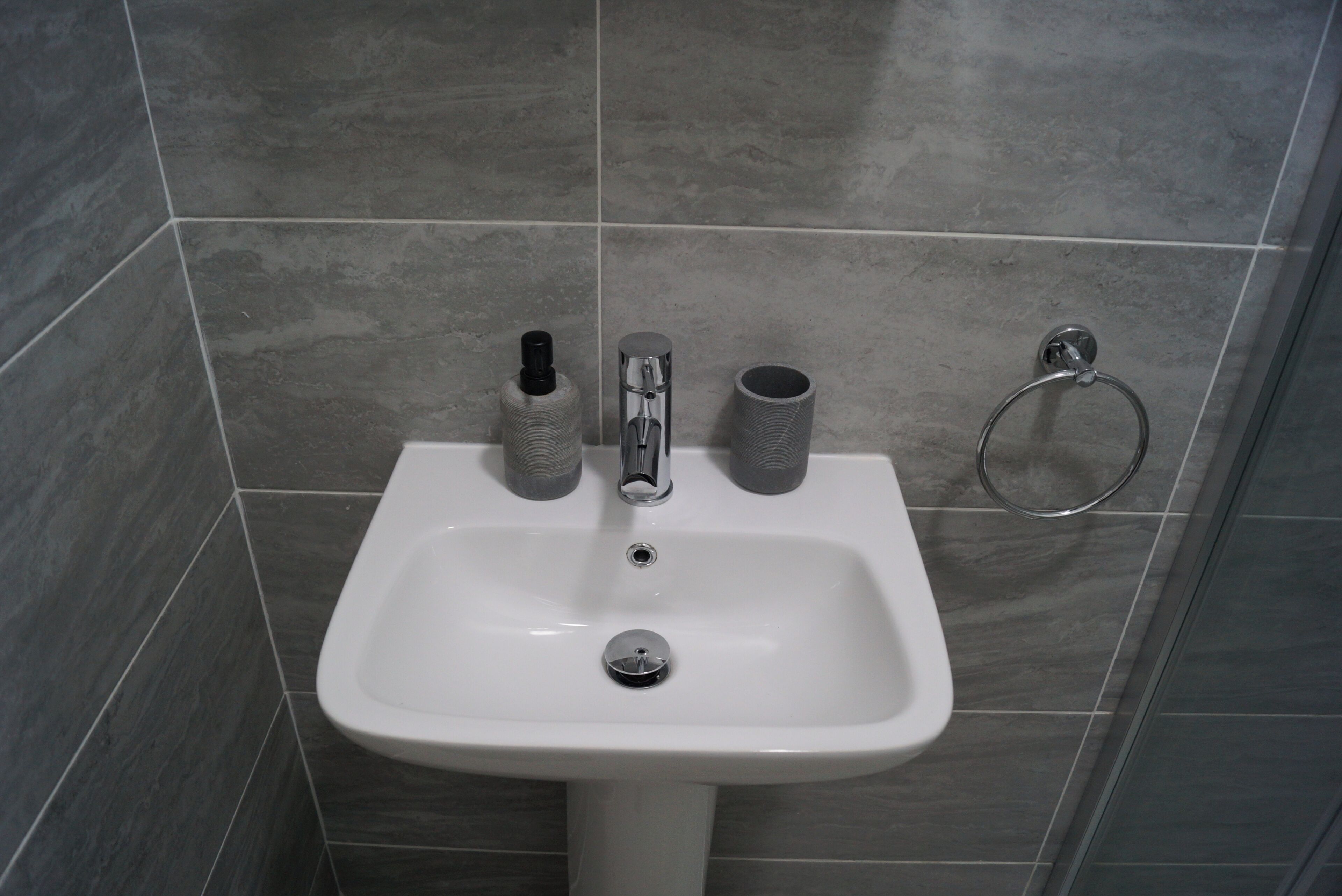 A bathroom with a white pedestal sink, a towel ring, and two bottles on the wall.