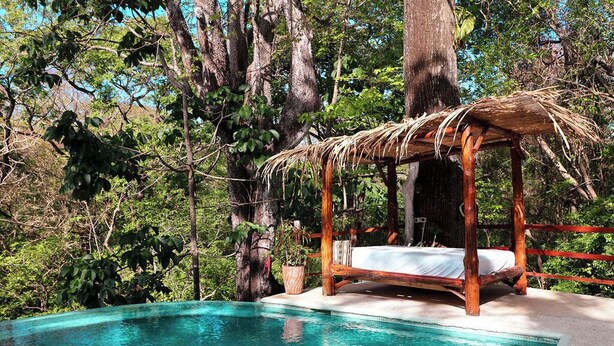 Una silla mecedora de madera sobre una piscina con techo de paja, rodeada de abundante vegetación.