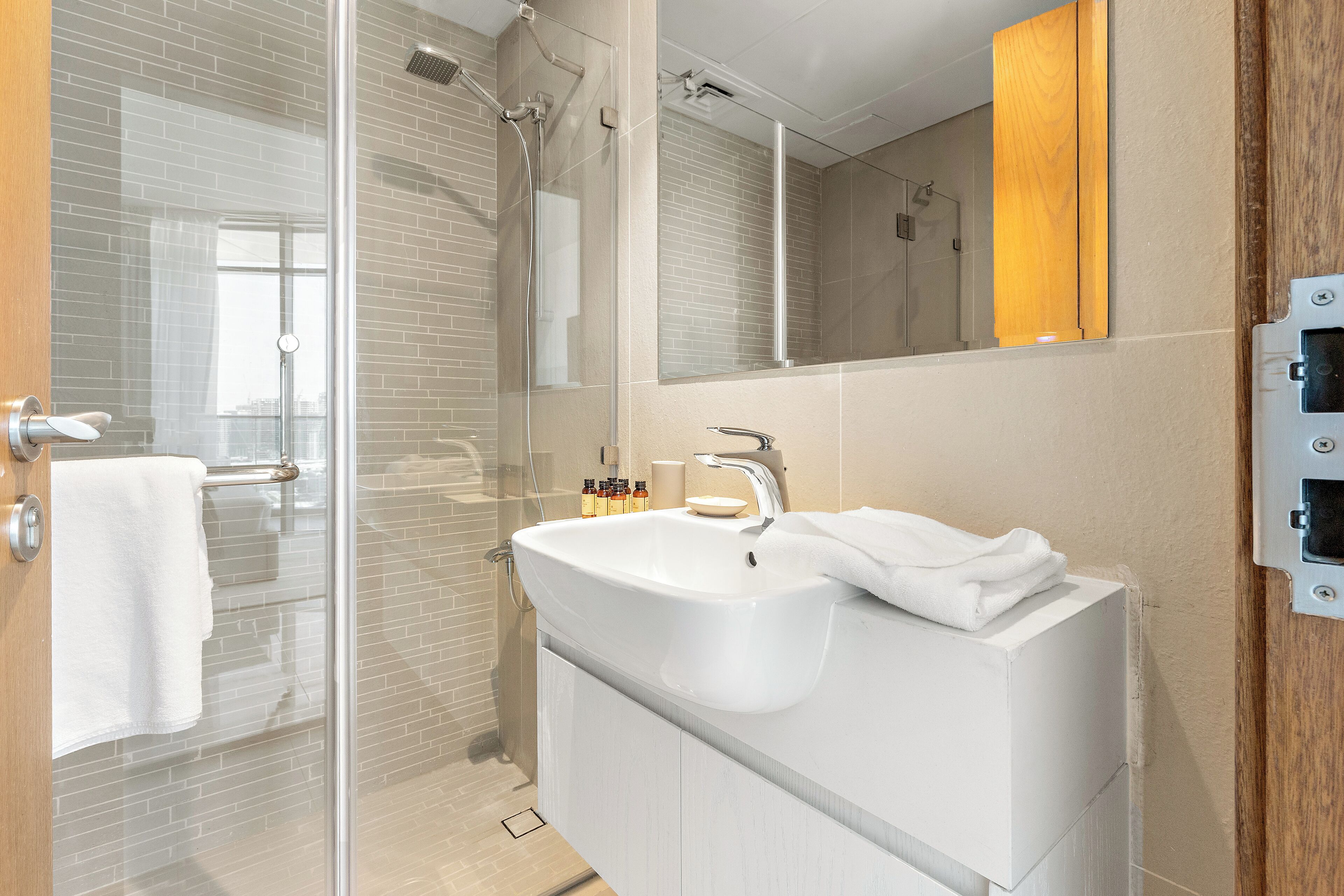 A modern bathroom with a glass shower enclosure, a white sink, and a large mirror.