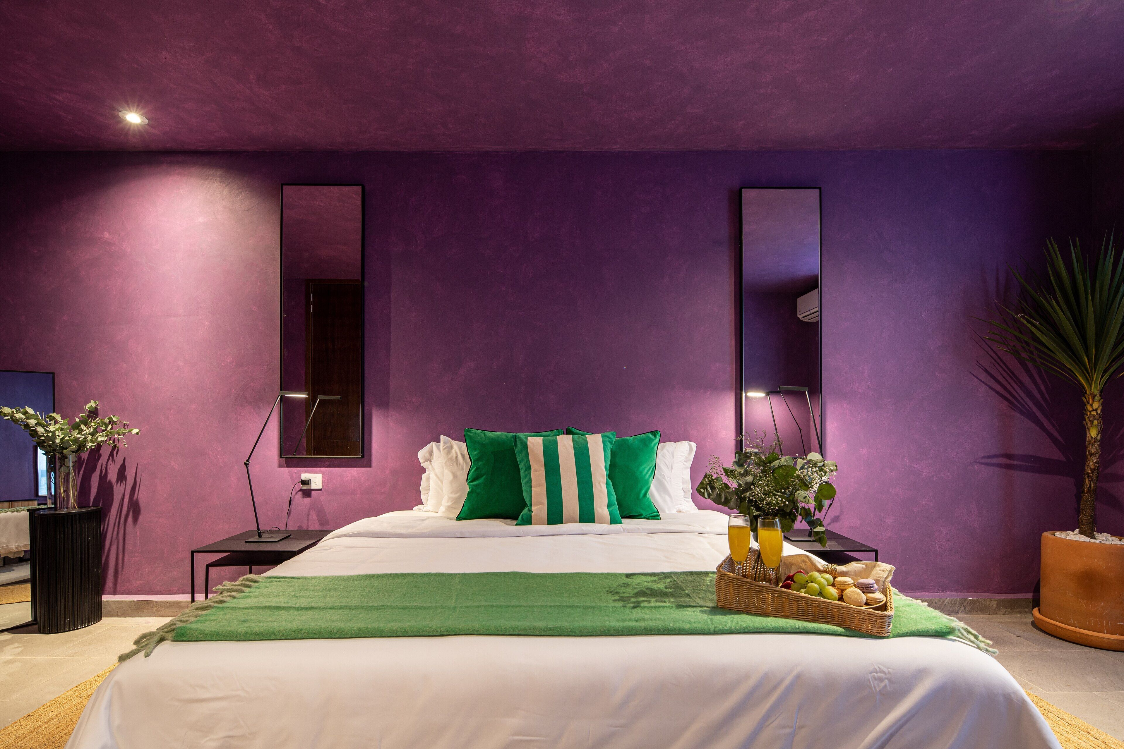 A modern hotel room with a large bed, purple walls, and a green throw blanket. There is a nightstand with a lamp and a potted plant.