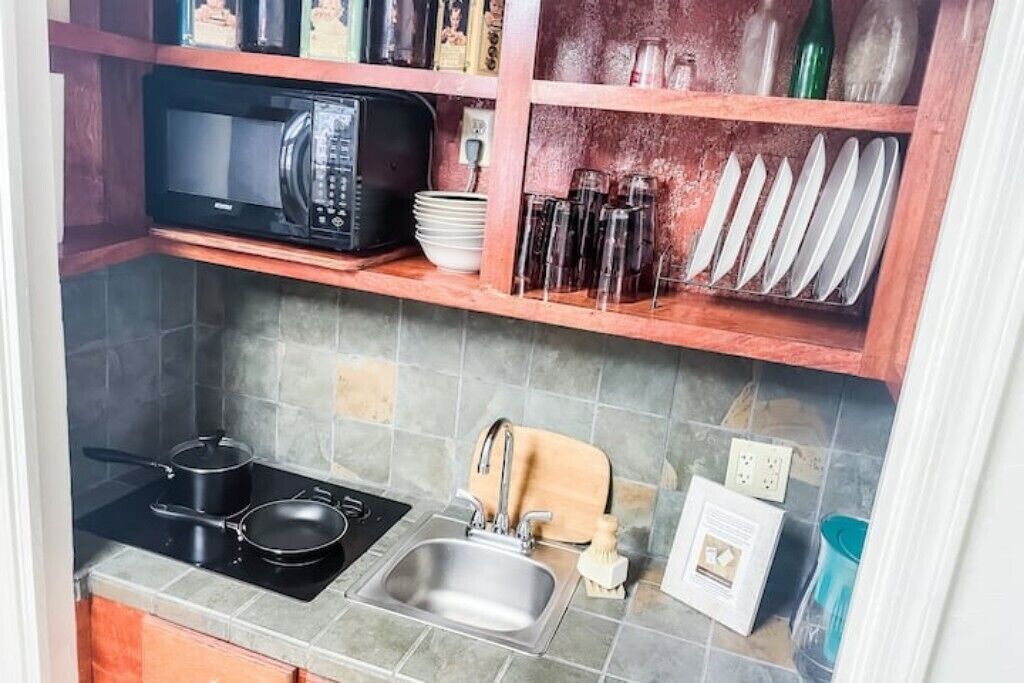 Une cuisine compacte équipée d’un four à micro-ondes, d’une cuisinière, d’un évier et d’étagères contenant de la vaisselle et des verres.