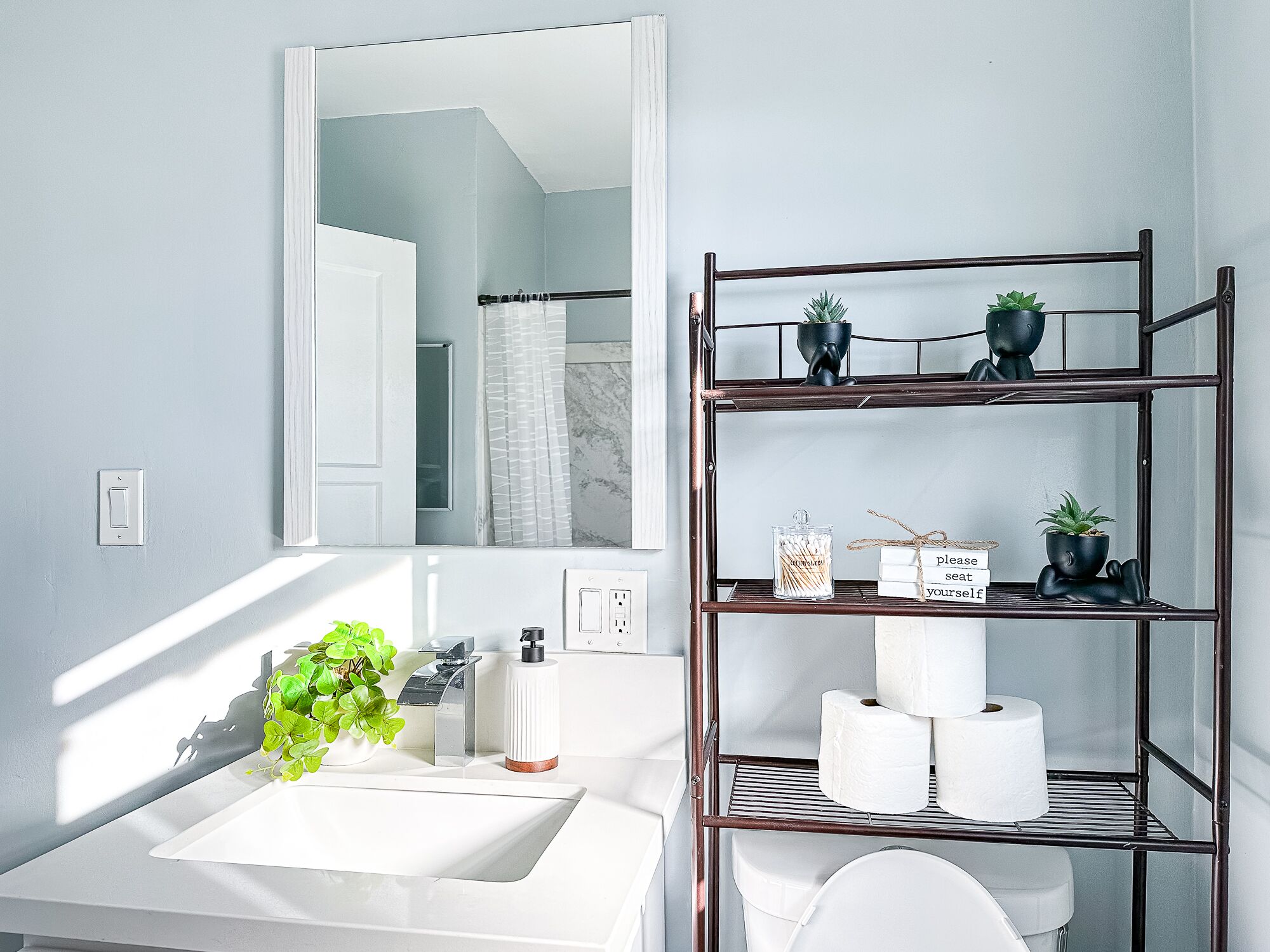 A bathroom with a white sink, a mirror, a toilet, and a shelf with plants and toiletries.