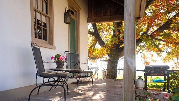 Un porche cubierto con una mesa, sillas, una parrilla y un árbol con hojas otoñales.