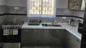Una cocina moderna con estufa a gas, lavamanos y electrodomésticos de acero inoxidable.