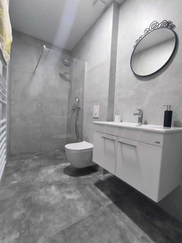 Shower, hair dryer, towels, soap