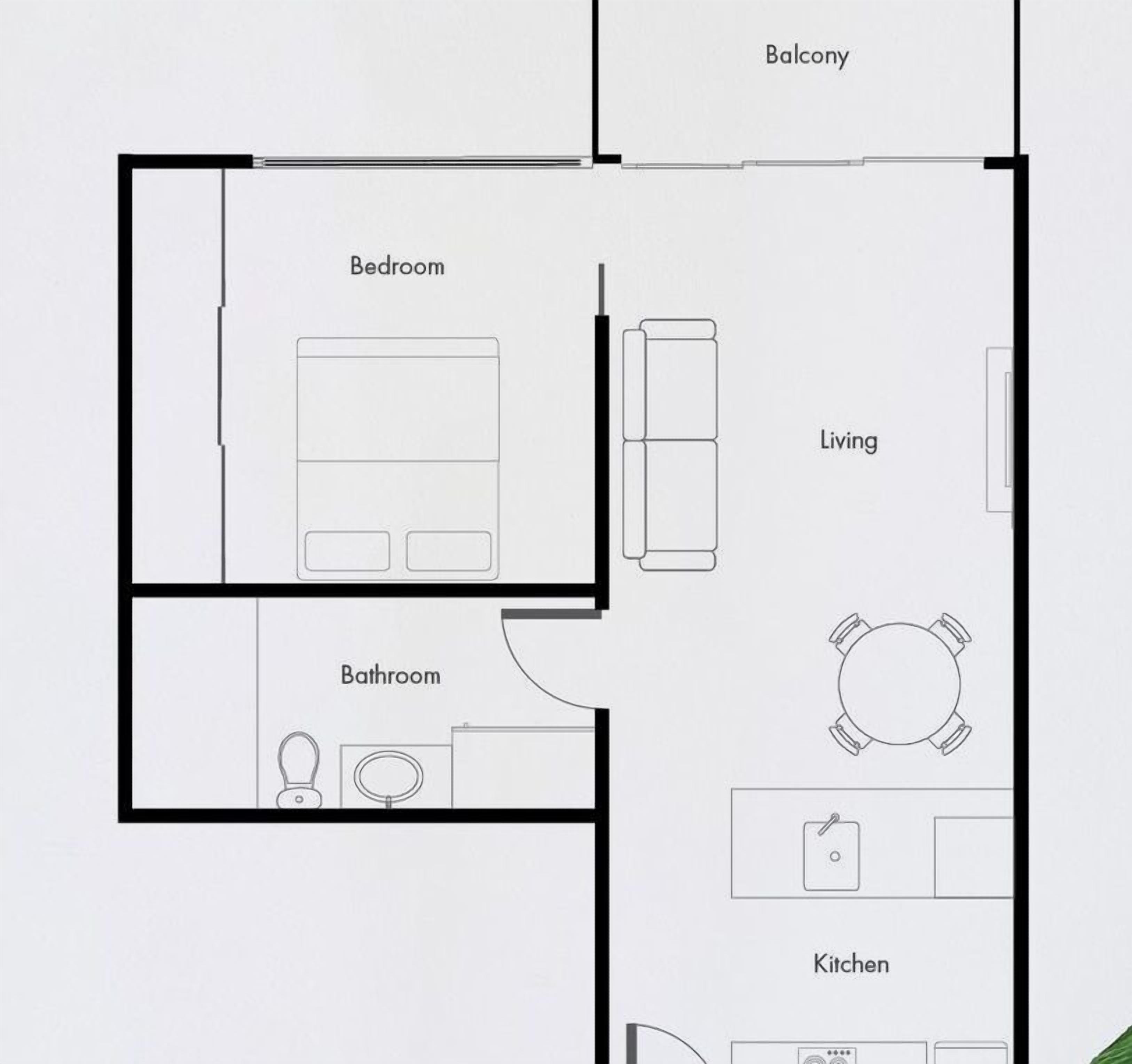 A floor plan with a bedroom, living area, bathroom, and kitchen.