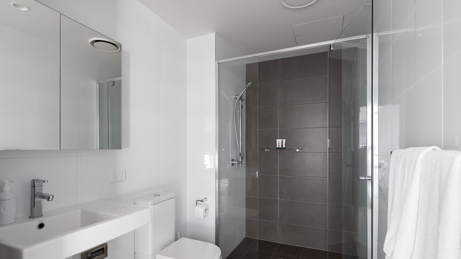 A modern bathroom with a glass shower enclosure, a white sink, and a large mirror.