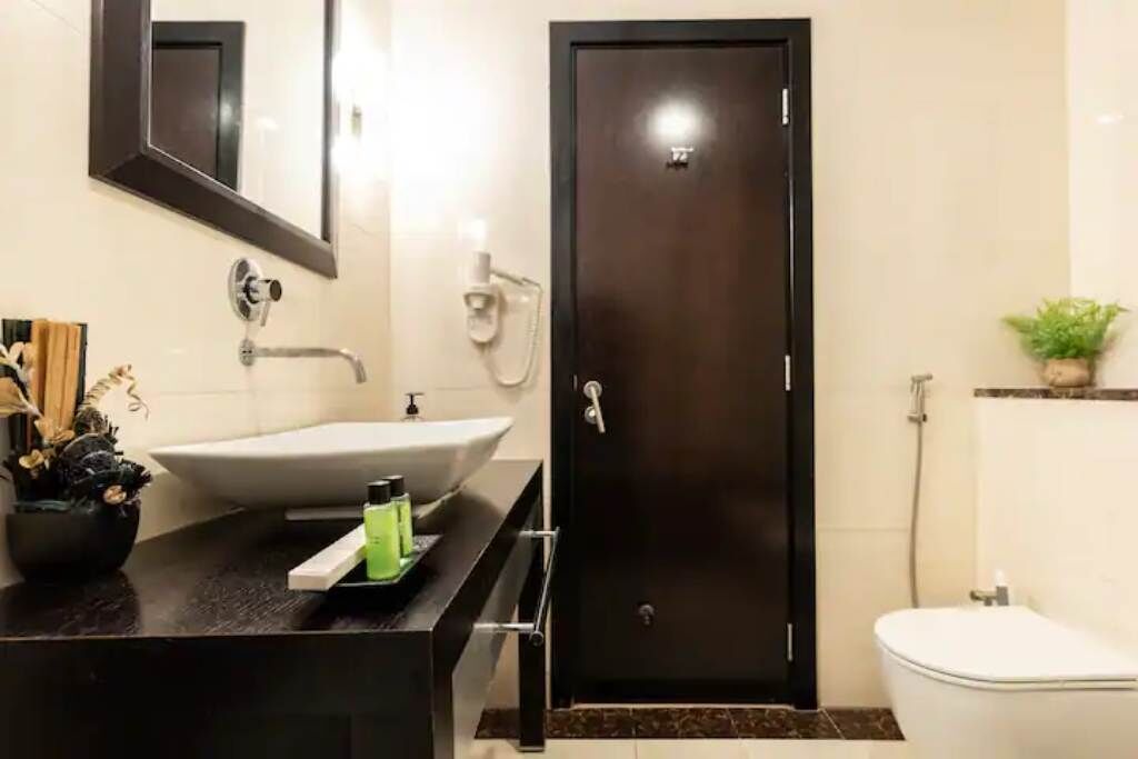 A modern bathroom with a black door, white sink, and a small potted plant.
