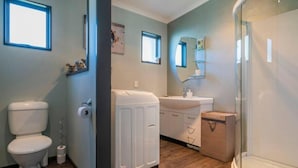 A modern bathroom with a toilet, a washing machine, a sink, and a glass shower enclosure.