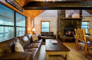 Smart TV, fireplace, books