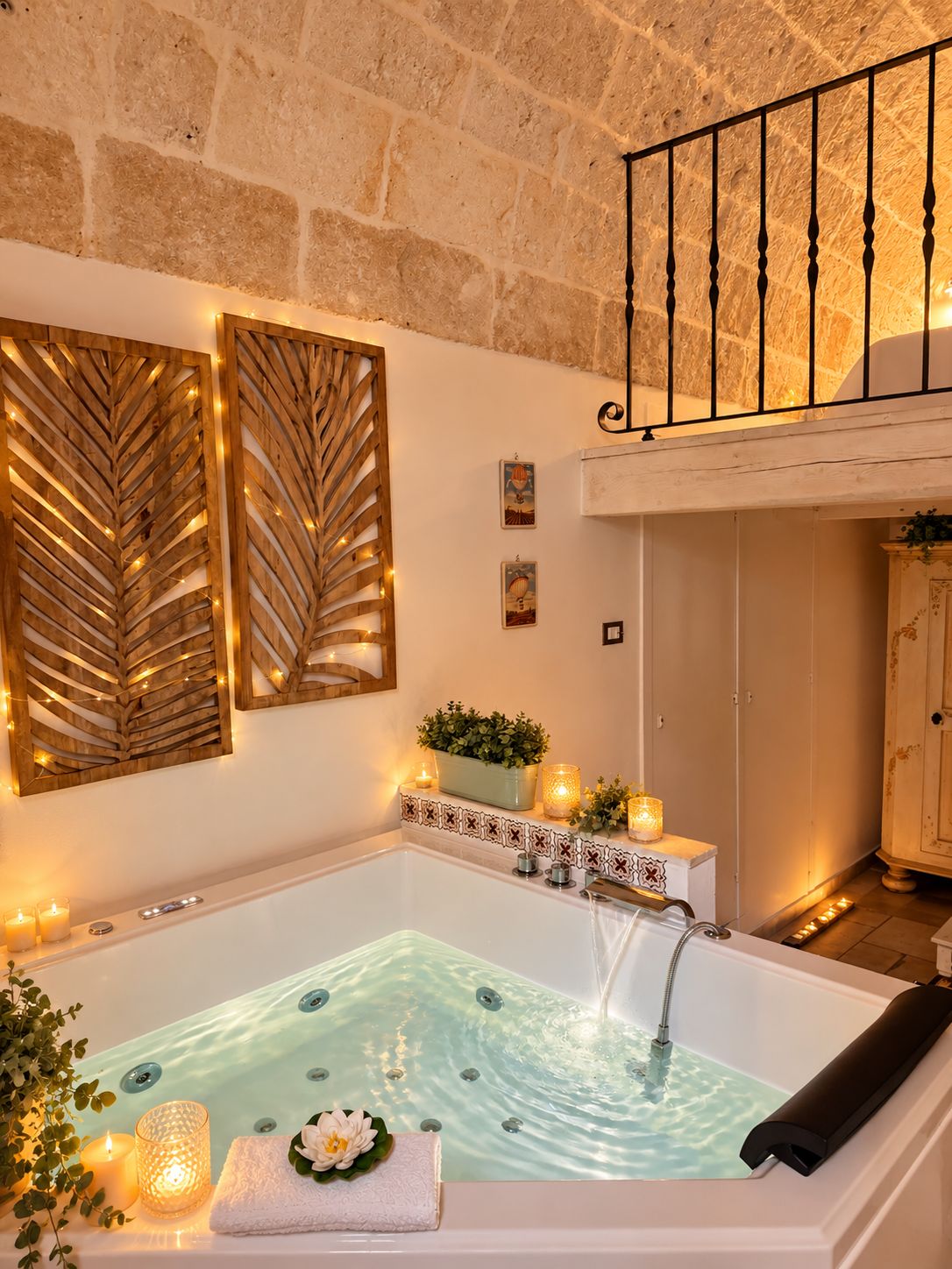 Un cuarto de spa con bañera, paneles decorativos en la pared y un balcón con barandilla.