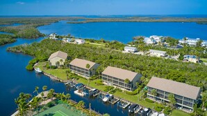 An aerial view of a coastal residential area with houses, a marina, and a large body of water.