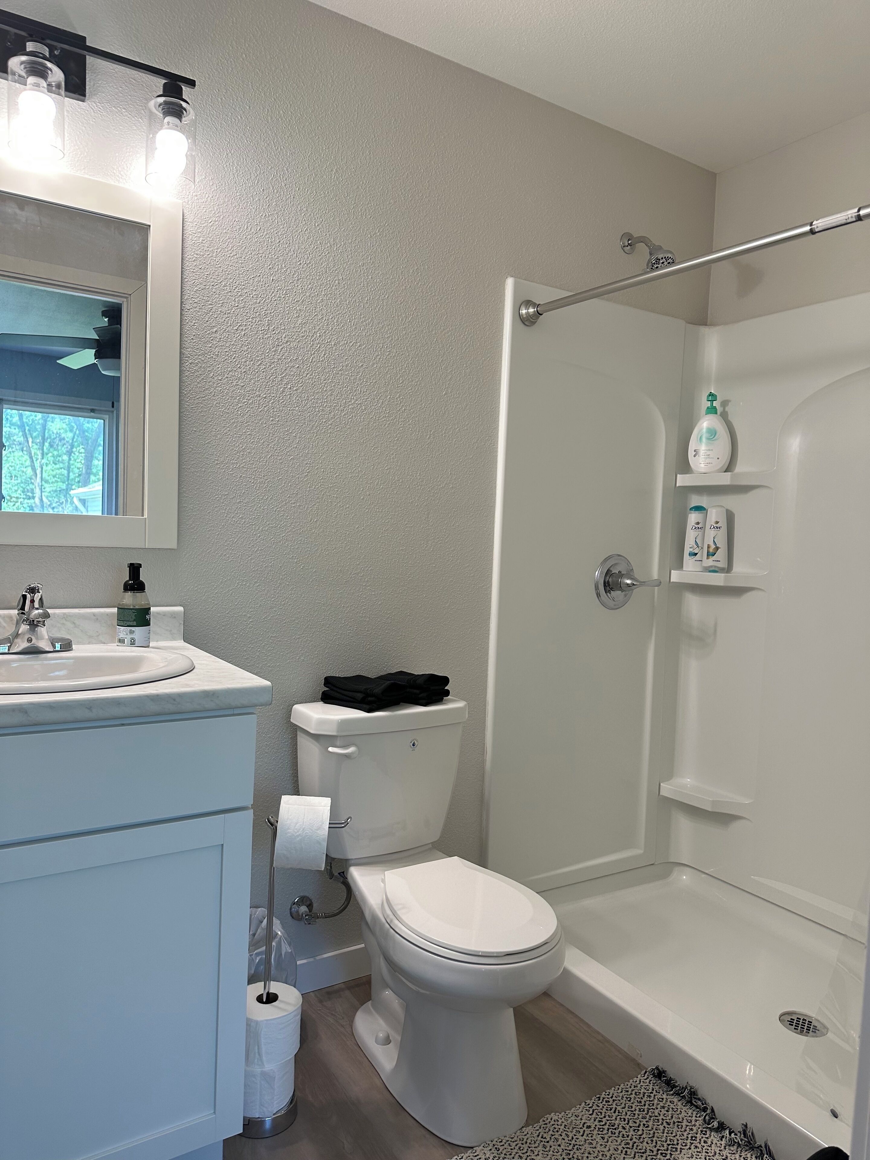 Hair dryer, towels, soap, shampoo