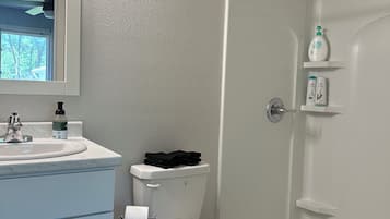 Hair dryer, towels, soap, shampoo