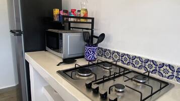 Apartment | Private kitchen | Full-size fridge, microwave, stovetop, coffee/tea maker
