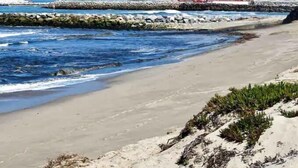 Paisaje costero con playa arenosa, costa rocosa y un pueblo lejano.