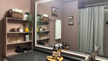 Hair dryer, towels, soap, shampoo