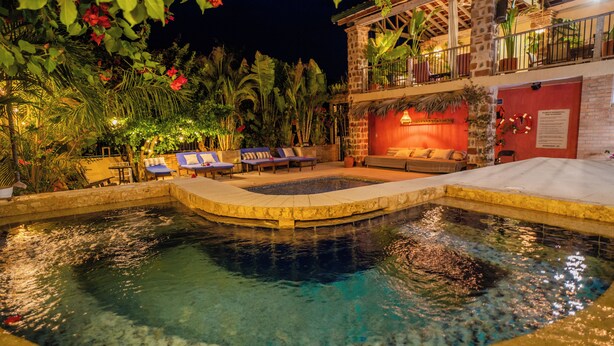 Un espace piscine agrémenté de chaises longues, d’une fontaine en pierre et d’une végétation luxuriante.