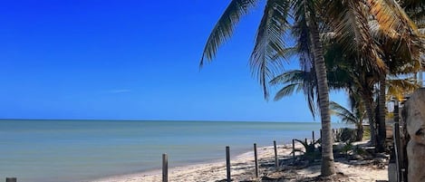 On the beach, sun-loungers, beach towels
