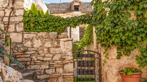 A narrow stone pathway leading to a gated entrance, surrounded by lush green ivy and a rustic building with a tiled roof. - Stunning home in Donje Selo (Donje Selo)