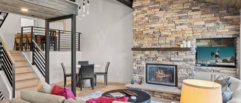 Smart TV, fireplace, books