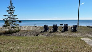 En strand med fire Adirondack-stole vendt mod havet, et højt stedsegrønt træ og en klippefyldt kystlinje.