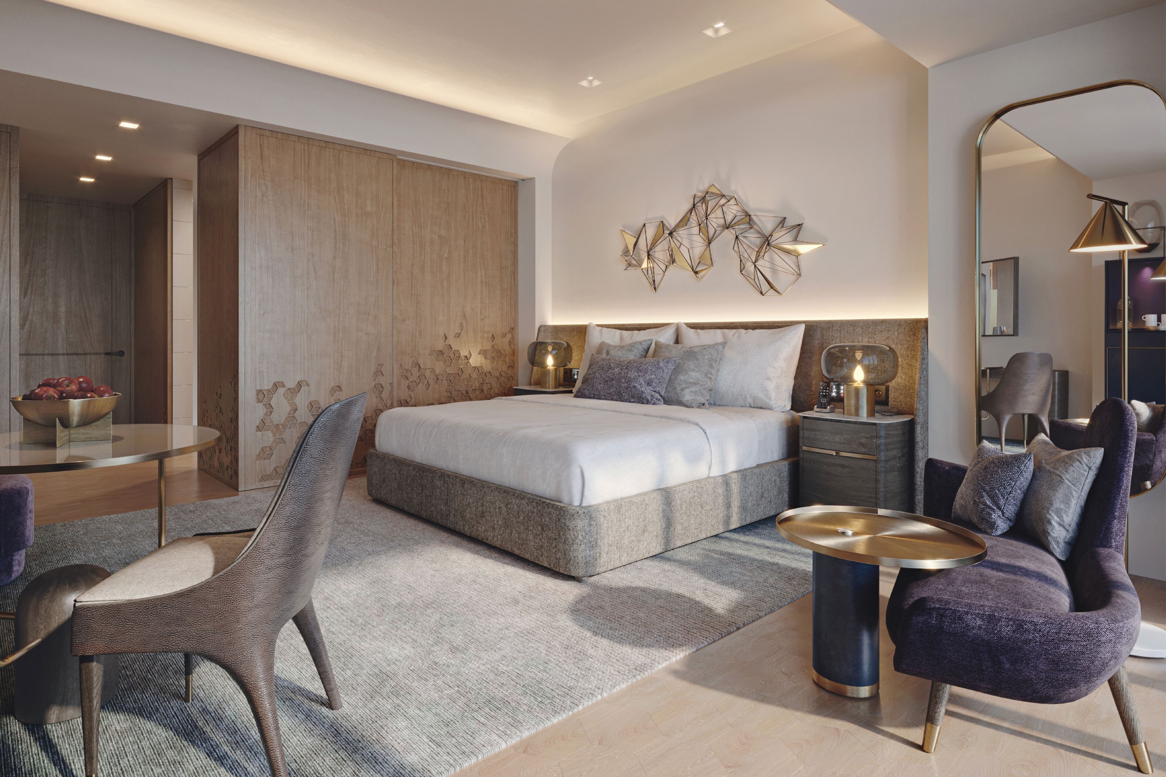 Un dormitorio moderno con una cama grande, una mesita de noche, una silla y un espejo.