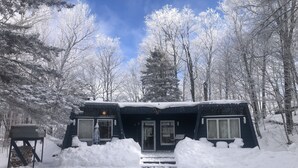 Una cabaña con techo nevado, rodeada de árboles.
