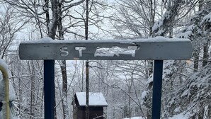 Un sendero cubierto de nieve que conduce a una cabaña en un bosque.