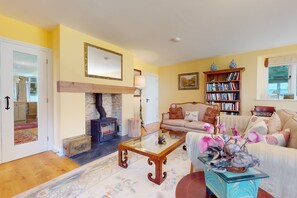 TV, fireplace, books - The Wool Barn, Simonsbath (Exford)