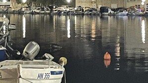 A nighttime marina with boats docked, a stone building with multiple windows, and a calm water surface reflecting the lights.