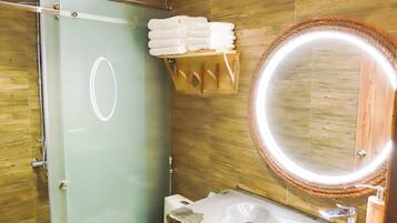 Shower, hair dryer, bathrobes, towels