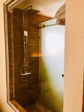 Shower, hair dryer, bathrobes, towels