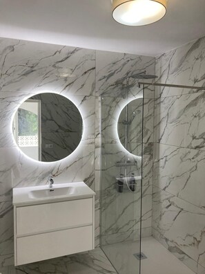 Ducha, bañera de hidromasaje, secador de pelo y toallas