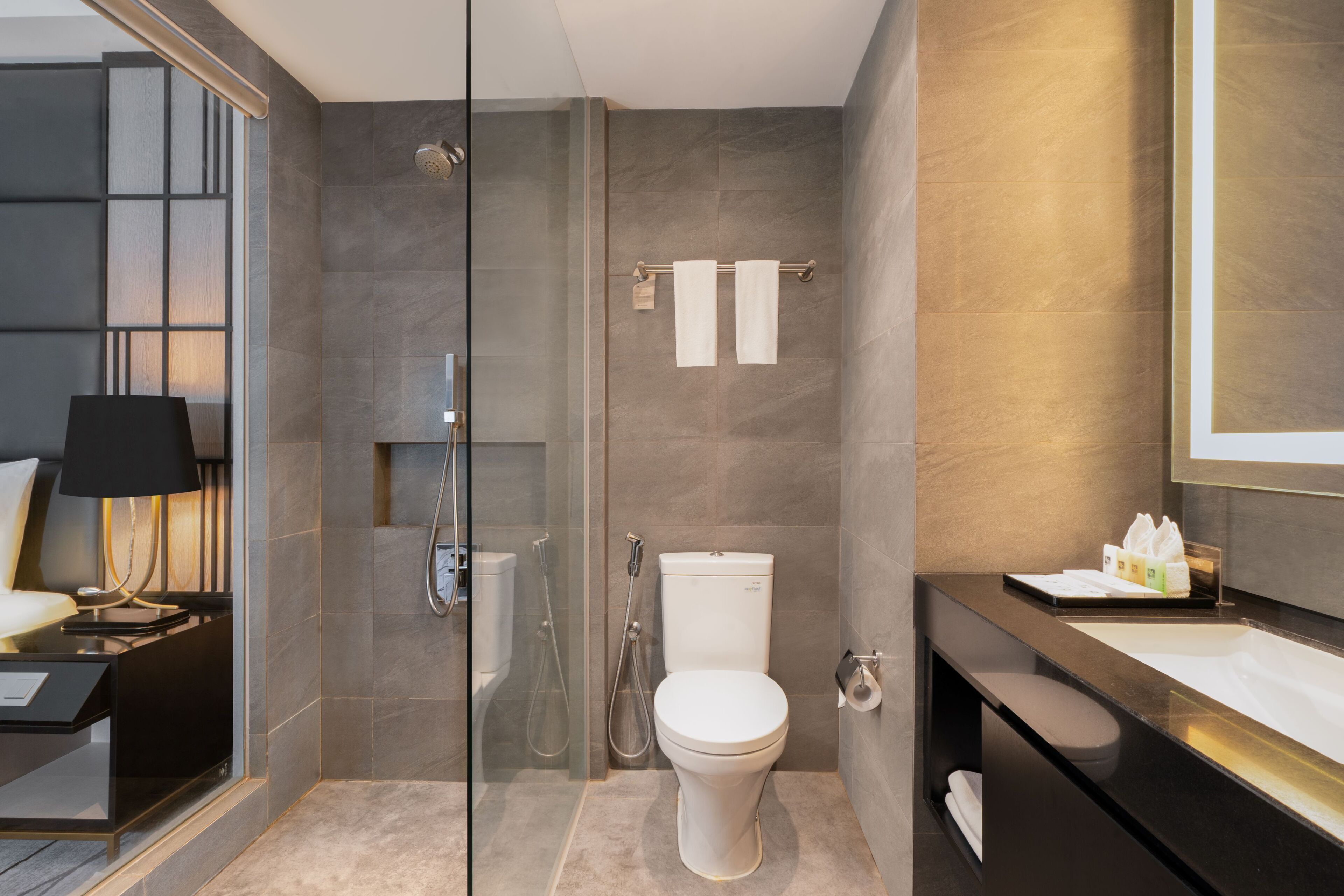 A modern bathroom with a glass shower enclosure, a toilet, and a vanity with a mirror.
