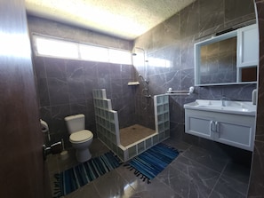 Un baño moderno con ducha, inodoro y lavamanos.
