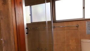 Ein kleines Badezimmer mit einer Duschkabine, einer Toilette und einem Mülleimer.